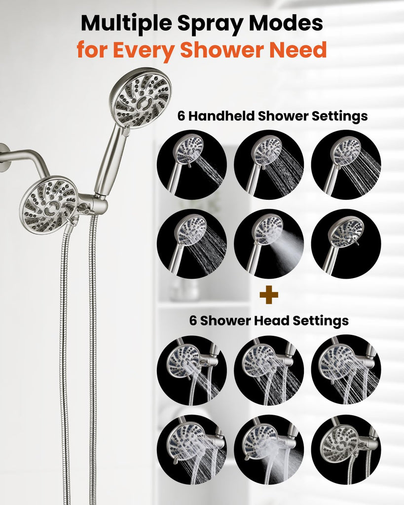 Dual Shower Head Kit with Valve 6 Mode Handheld Brushed Nickel