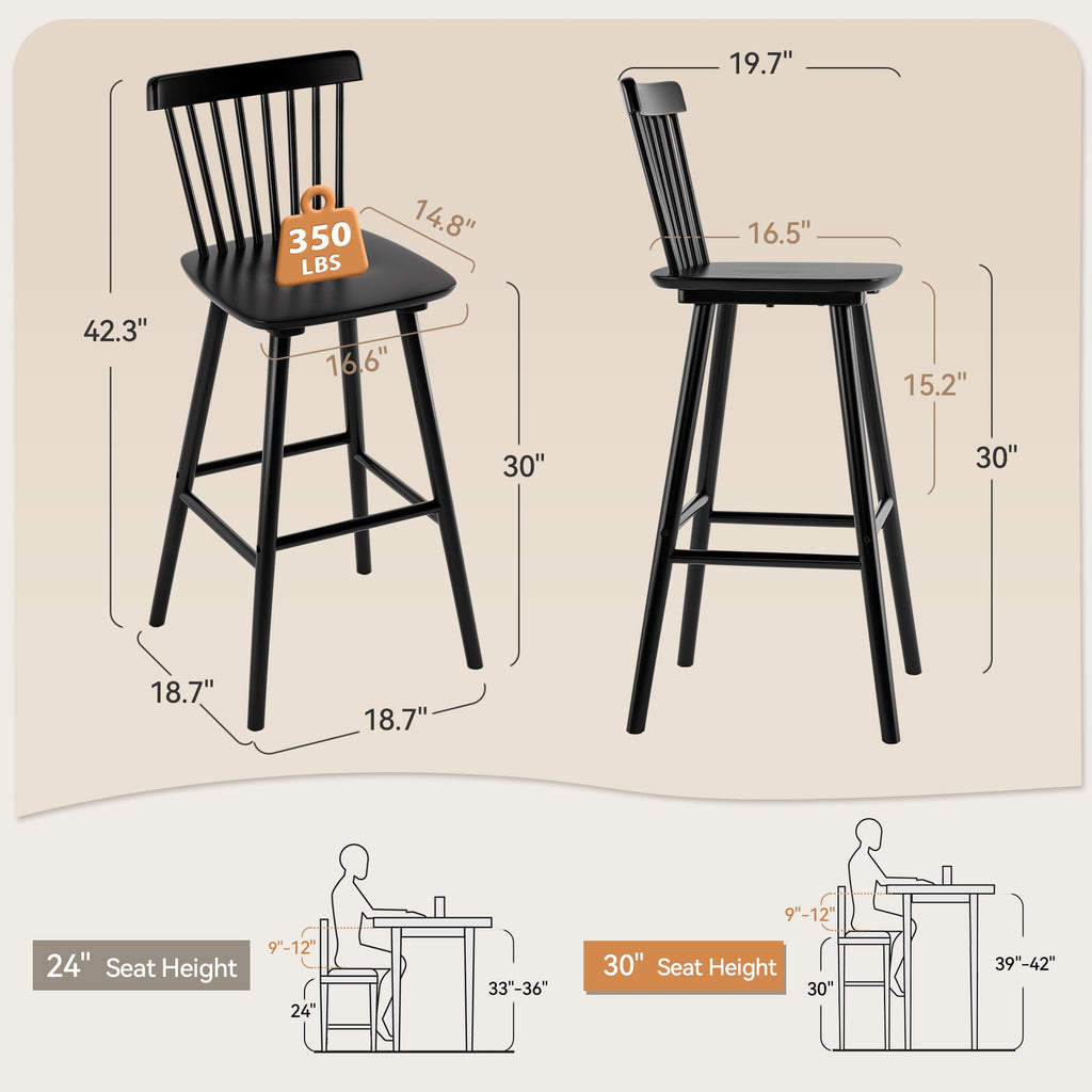 Upgraded Windsor Wooden Black Bar Stools Set of 4, 30 Inch Bar Height Barstools with Spindle Back/Bigger Seat Island
