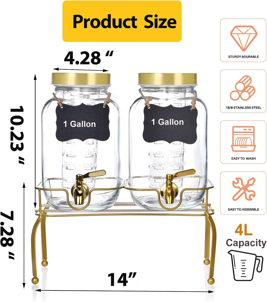 Gallon Glass Drink Dispenser - Drink Dispensers for Parties, Beverage Dispenser with Stand & 100% - Set of 2