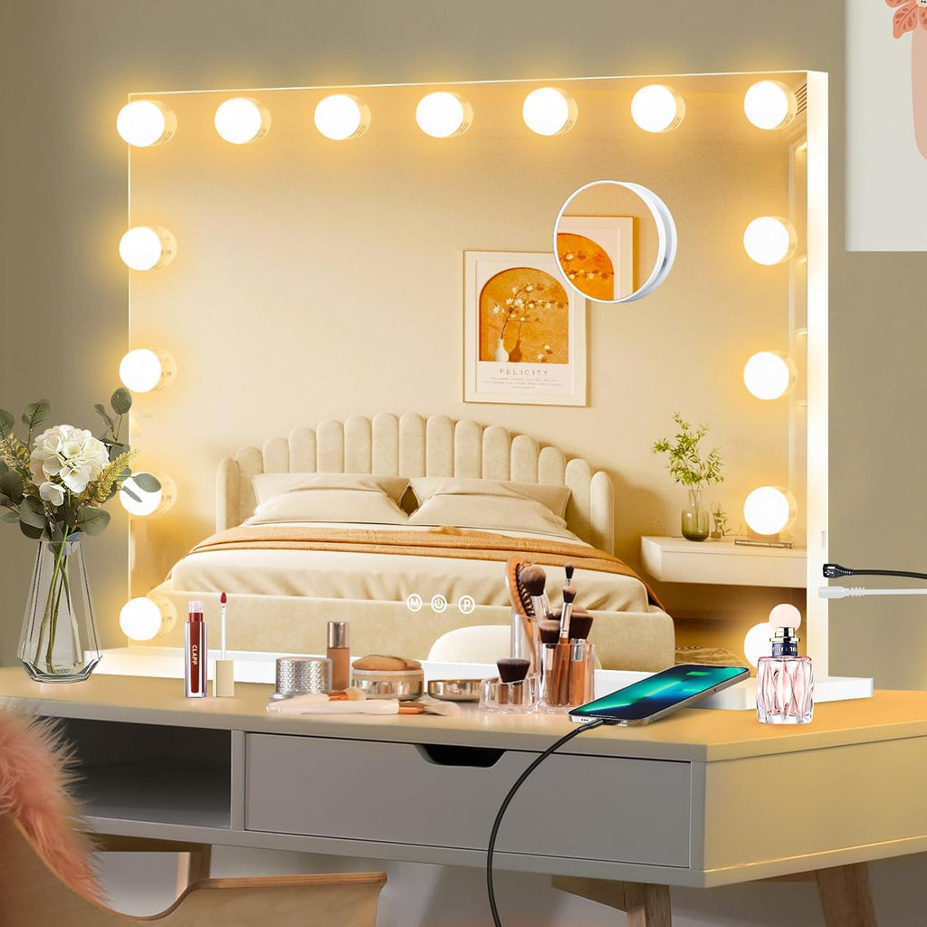 Vanity Mirror with Lights, Hollywood Lighted Makeup Mirror with 15 Dimmable Bulbs and 10X Magnification, 3 Colors