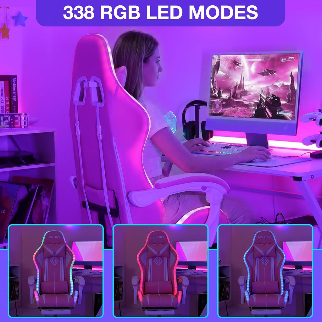 Pink Gaming Chair with RGB LED Lights Massage Computer Chairs for Girls | High Back Video Game Chair with Footrest &