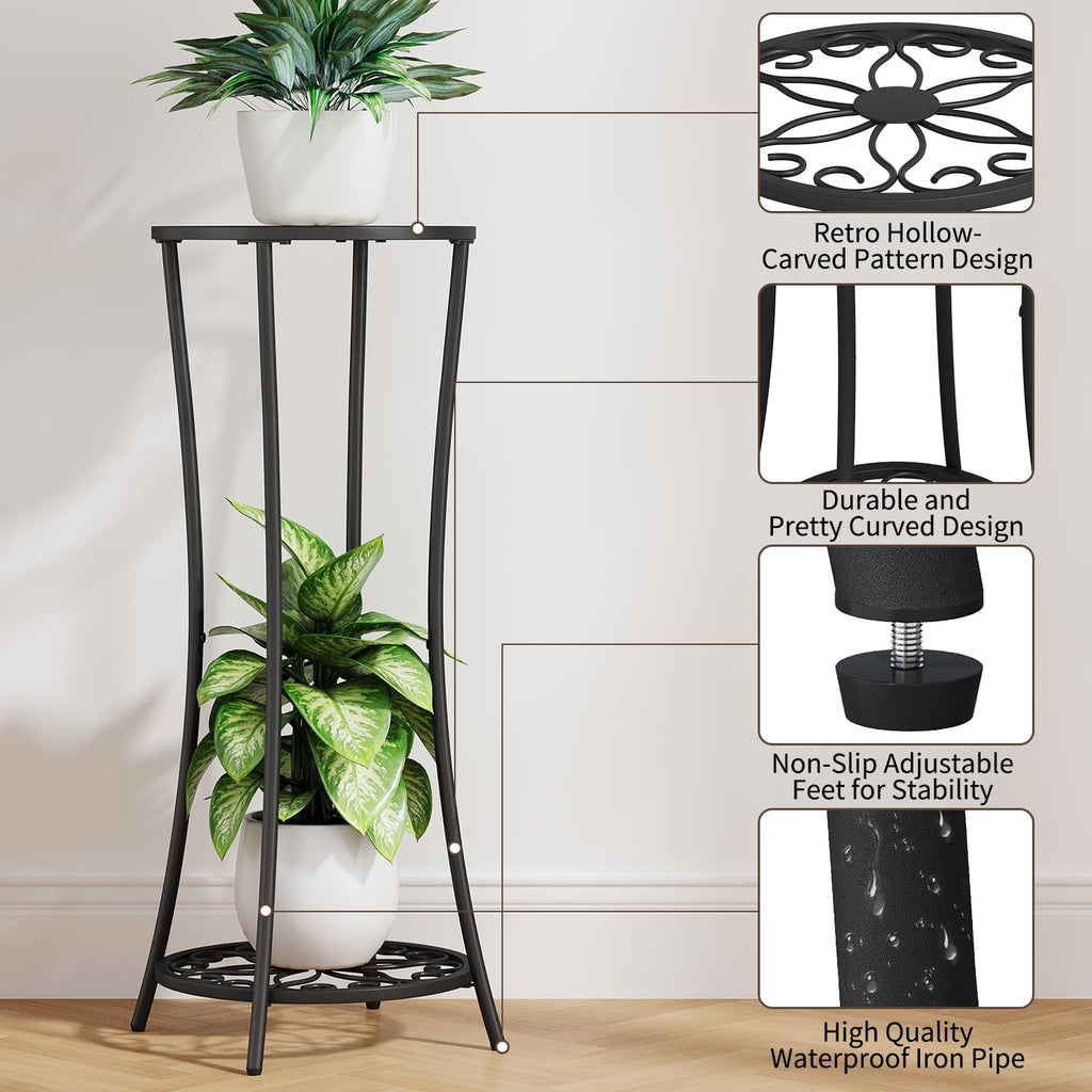 Plant Stand Indoor Outdoor, 2 Tier Metal Potted Holder Rack, Flower Pot Stand Shelf, Heavy Duty Round Supports Rack