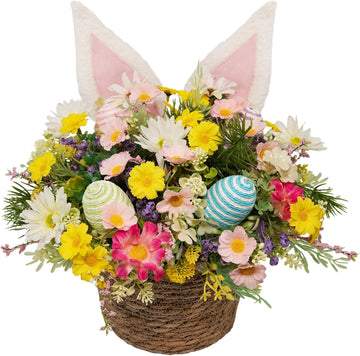 Easter Bunny Basket with Fluffy Bunny Ears - Spring Table Centerpiece with Woven Rattan Eggs & Flowers, Farmhouse