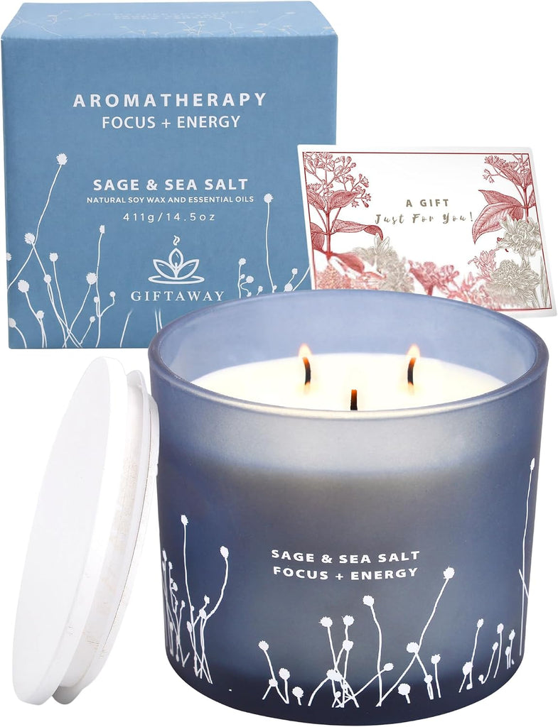 White Sage Sea Salt 3 Wick Candle, Large Soy Scented Candle 14.5oz - Set of 145