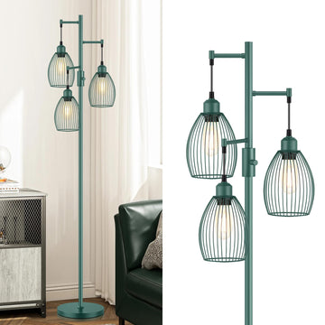 Dimmable Floor Lamp, Industrial Floor Lamps, Green Tree Lamp Standing Lamp Tall Lamps with 3 Elegant Teardrop Cage