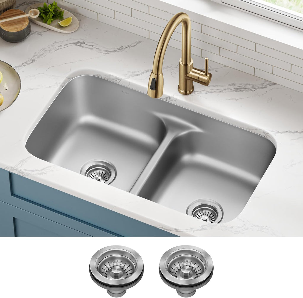 Premier 32-inch Undermount 50/50 Double Bowl Low Divider 18-Gauge Stainless Steel Kitchen Sink with Strainers (x2)
