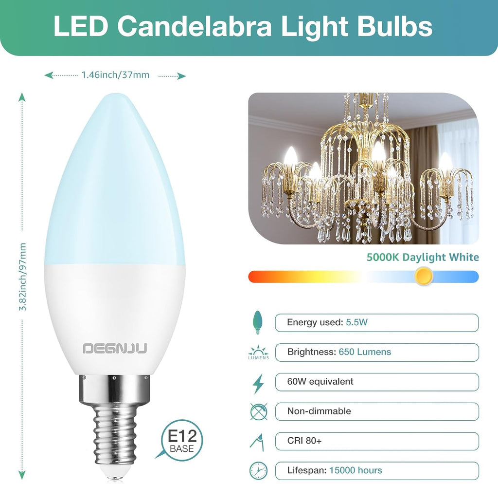 20 Pack Chandelier Light Bulbs 60 Watt Equivalent, Candelabra LED Light Bulbs, E12 LED Bulb Daylight 5000K, Type b