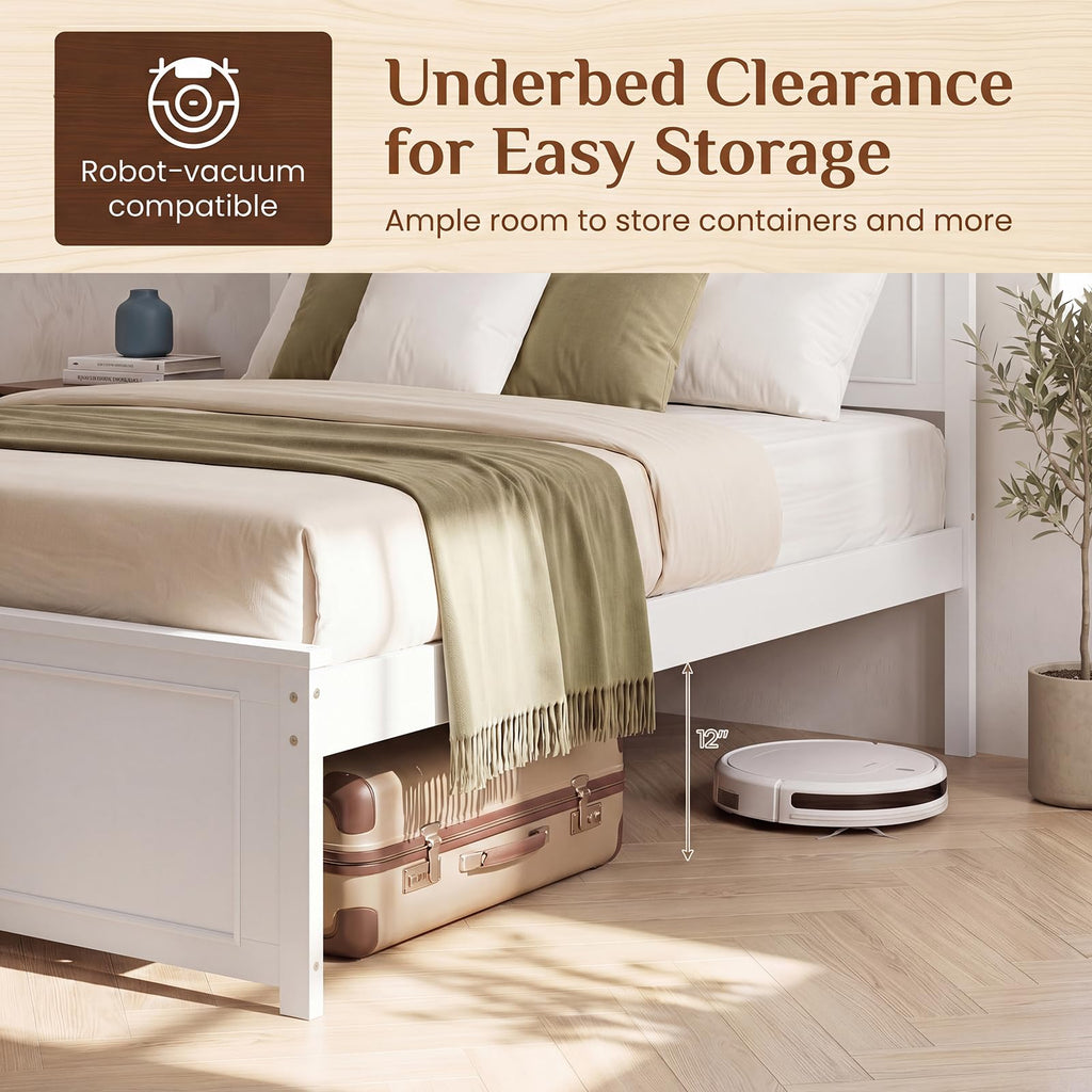 Queen Bed Frame, Farmhouse Wooden Platform Bed with Headboard