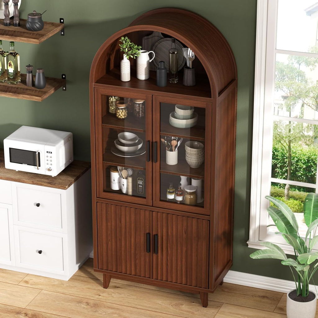 Kitchen Pantry Cabinet with Glass Doors, Arched Design,Walnut | Solid Wood Legs, Artistic Fluted Doors, Adjustable