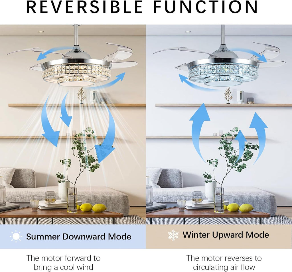 42" Retractable Ceiling Fans with Lights, Crystal Chandelier Ceiling Fan with Remote & APP Control, Modern Dimmable
