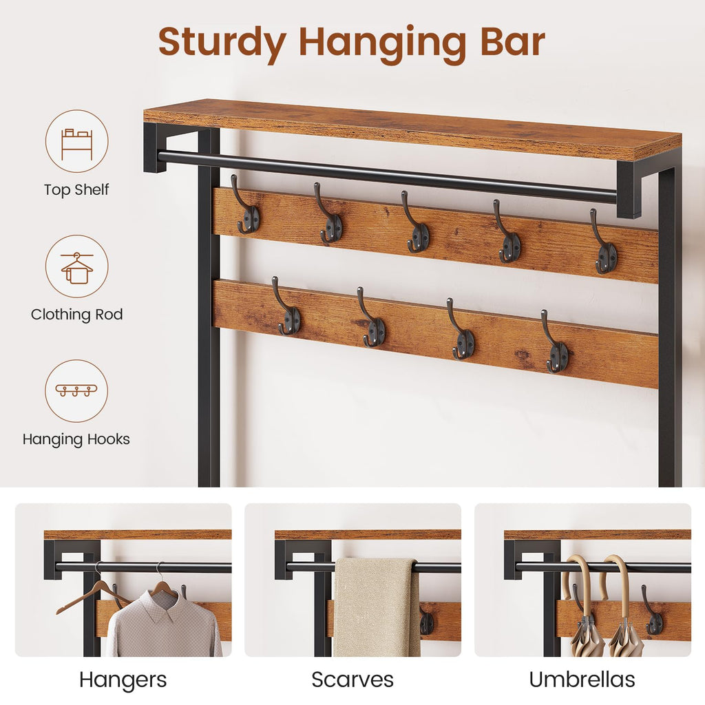 Coat Rack, Hall Tree with Bench and Shoe Storage, 7-in-1 Entryway Bench with Soft Cushion, Storage Bag, 3 Fabric