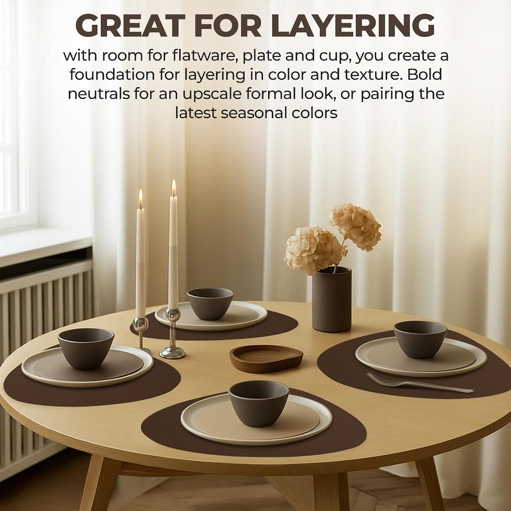 Faux Leather Placemats and Coasters Round Modern Brown Table Mats for Dining - Heat Resistant, Waterproof - Set of 4