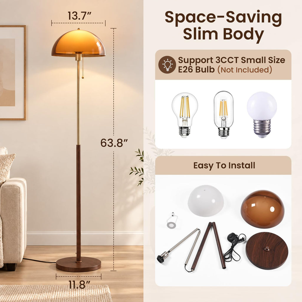 MCM Orange Mushroom Floor Lamp: 63" H Mid Century Living Room Standing Lamp