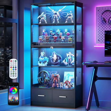 Display Cabinet with Seal Strip & RGB LED Light | 67" Curio Cabinet, Pop-Up Glass Doors, Adjustable Shelves, Anti-Tip