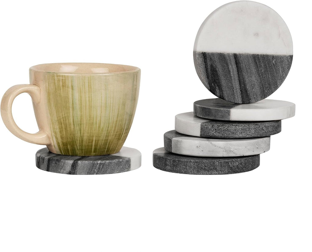 White & Grey Marble Coasters Round Handcrafted Stone Drink Coasters - Elegant Natural Marble - Set of 6