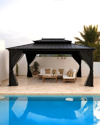 GarveeLife Hardtop Gazebo 12 ft x16 ft for All Weather, with Double Metal Roof, Net, and Curtain