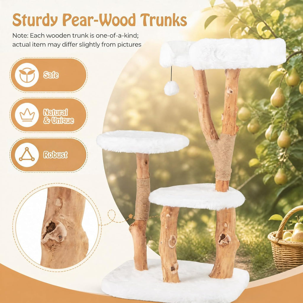 44 inch Wood Cat Tree, Modern Wooden Cat Tower with Jute Scratching Posts, Top Perch, Soft Long Plush and Dangling