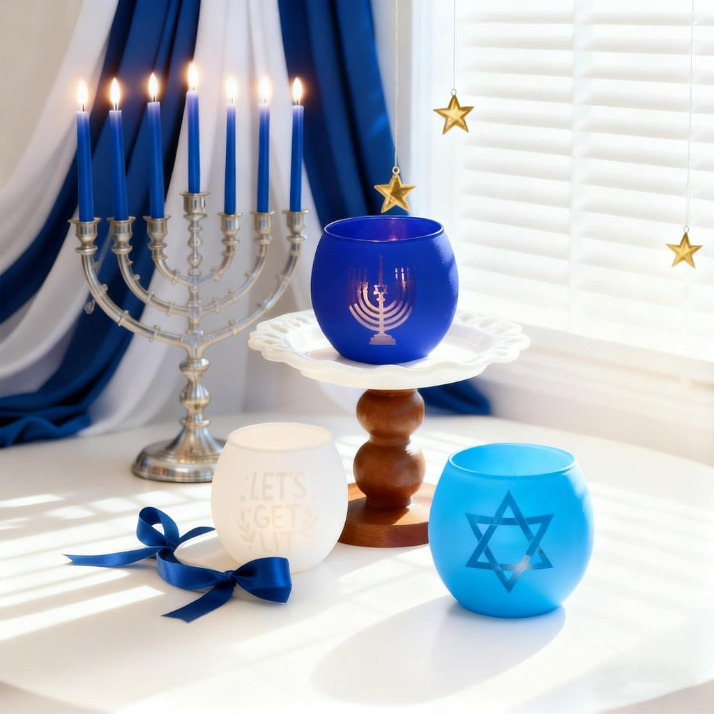 Hanukkah Decorations Indoor Tealight Votive Candle Holders with , Star of David for Jewish Holiday Decor - Blue - Set of 6