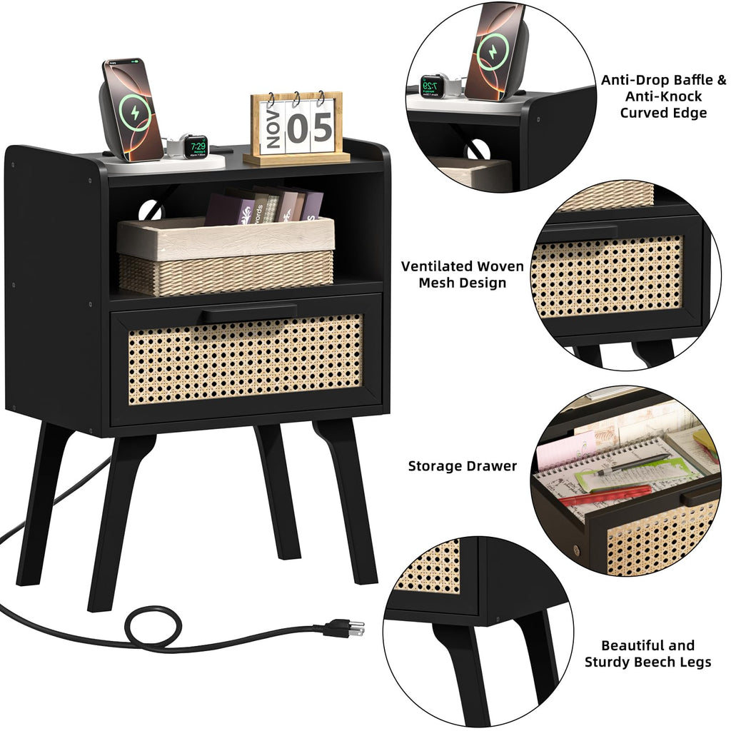 Rattan Nightstands Set of 2 with Charging Station, Boho Side Table