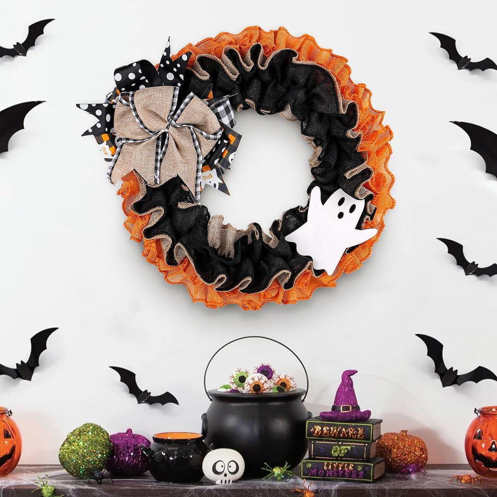 Halloween Boo Ghost Wreath, Burlap Wreath with Bows for Front Door, Farmhouse Favors Trick of Treat Props, Halloween