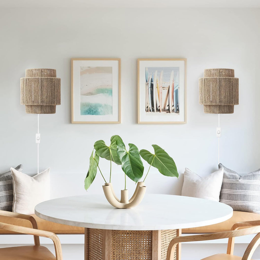 Boho Wall Light, Rattan Wall Sconce with Hand Woven Hemp Rope Shade