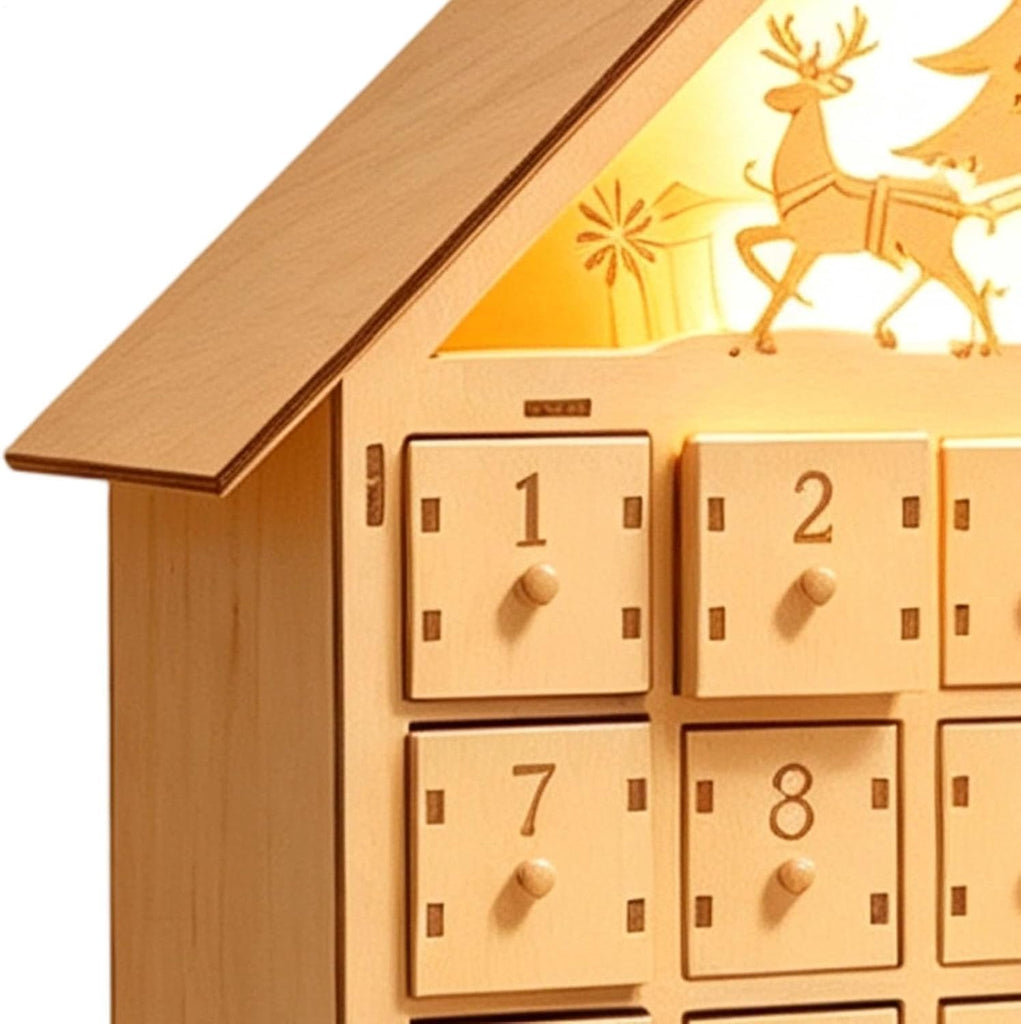 Wooden Advent House - Lighted Holiday Countdown, Christmas Drawer Box