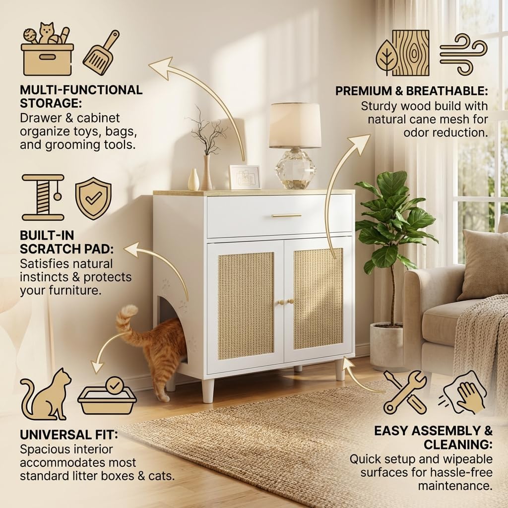 Hidden Cat Litter Box Enclosure with Scratch Pad & Storage Cabinet