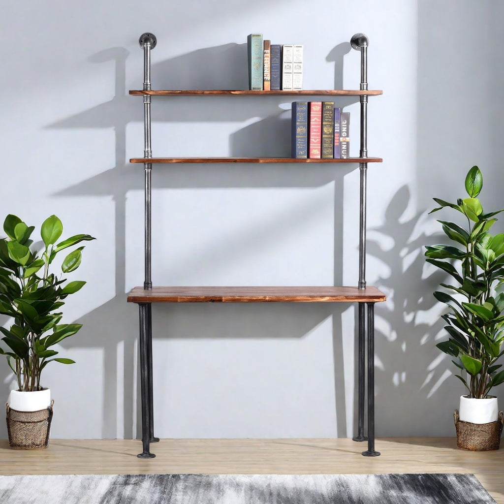 Industrial Style Office Decor, Computer Desk 47.2"×20"×79" with 2-Tier Storage Pipe Shelves, Bookshelf Laptop