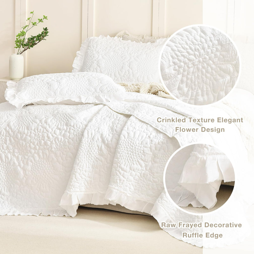 Ruffled Oversized Quilt Bedding Set(102"x118"), White Lightweight Crinkled Bedspread Oversized