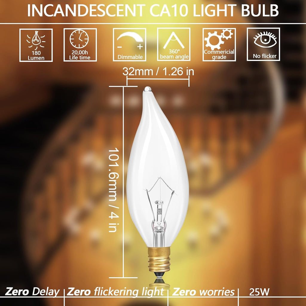 E12 Incandescent Candelabra Light Bulbs 25Watt Warm White 2700K