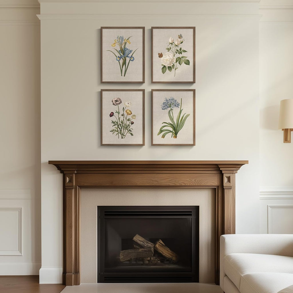 Framed Botanical Floral Wall Art, 4 Piece Vintage Flower Canvas Painting Prints, Rustic Floral Butterfly Pictures