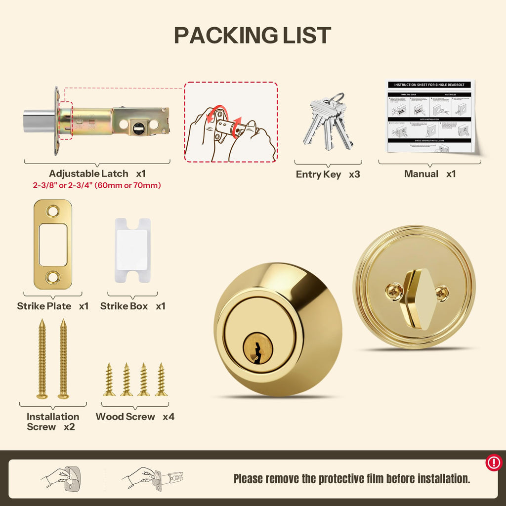 Round Design Single Cylinder Deadbolt with Keys, Exterior Keyed Dead Bolt Lock for Front Entrance Door Security