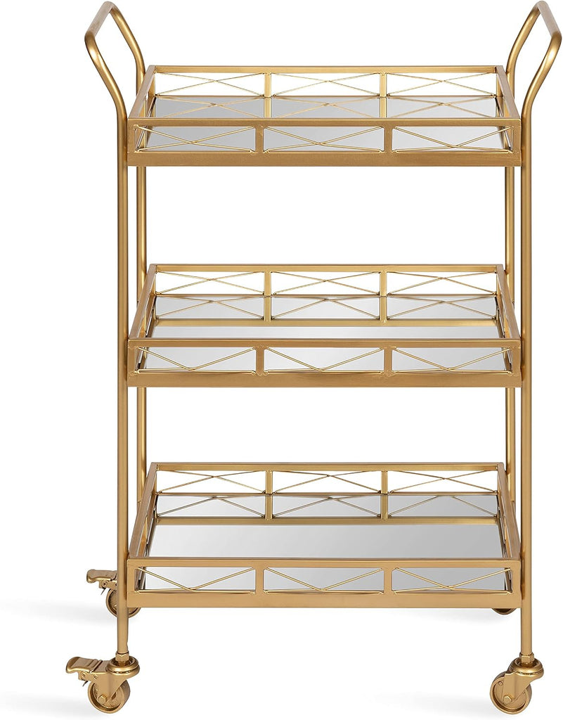 Ketia Glam Metal Bar Cart; 23 x 13 x 34; Gold; Glamorous Three Tier Gold Bar Cart for Display and Storage