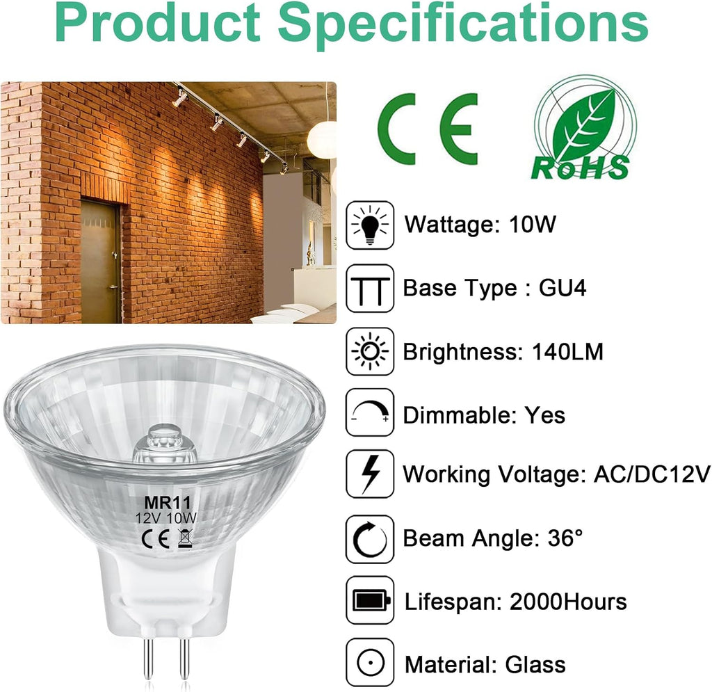 MR11 Light Bulbs, 12V 10W Halogen Light Bulbs 2 Pin, FTD Spotlight Bulb, GU4 Bi-Pin Base, Dimmable, 2700K Warm White