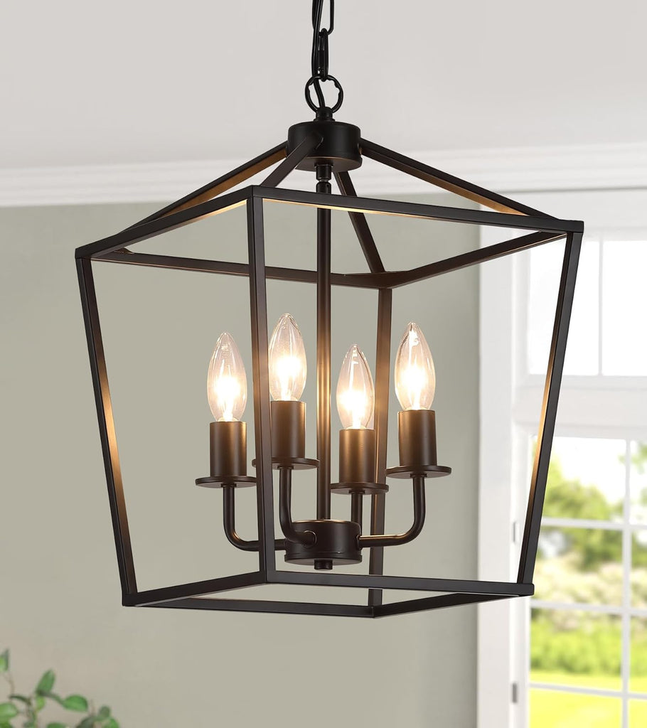 UL Listed Black Industrial 4 Light Lantern Chandelier Ceiling Light Fixtures Farmhouse Metal Cage Rustic Geometric