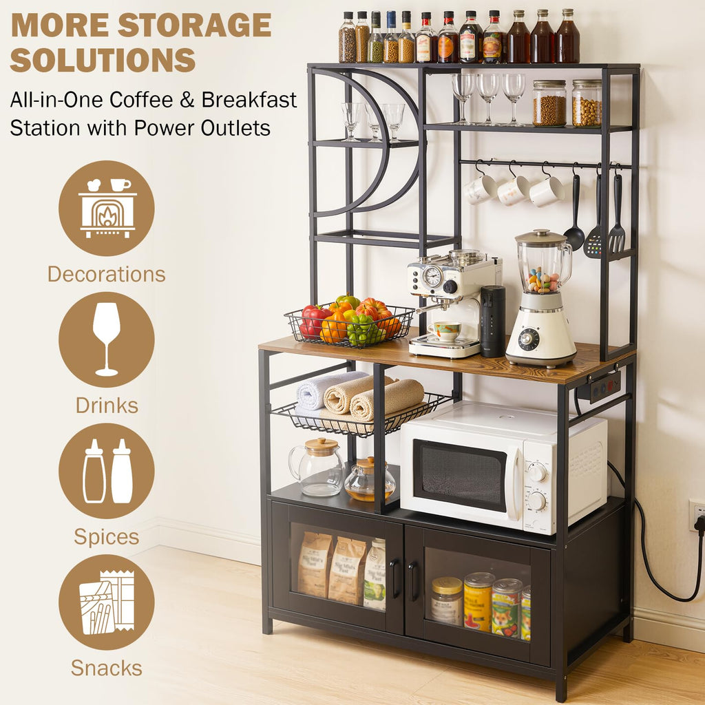 Bakers Rack with Power Outlet and Storage, Kitchen Bakers Rack with Cabinet & 10 Hooks, Coffee Bar Cabinet, Microwave