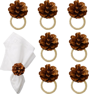 Christmas Napkin Rings, Pinecone Napkin Rings, Handmade Cloth Napkin Holder with Cloth Buckles - Set of 8