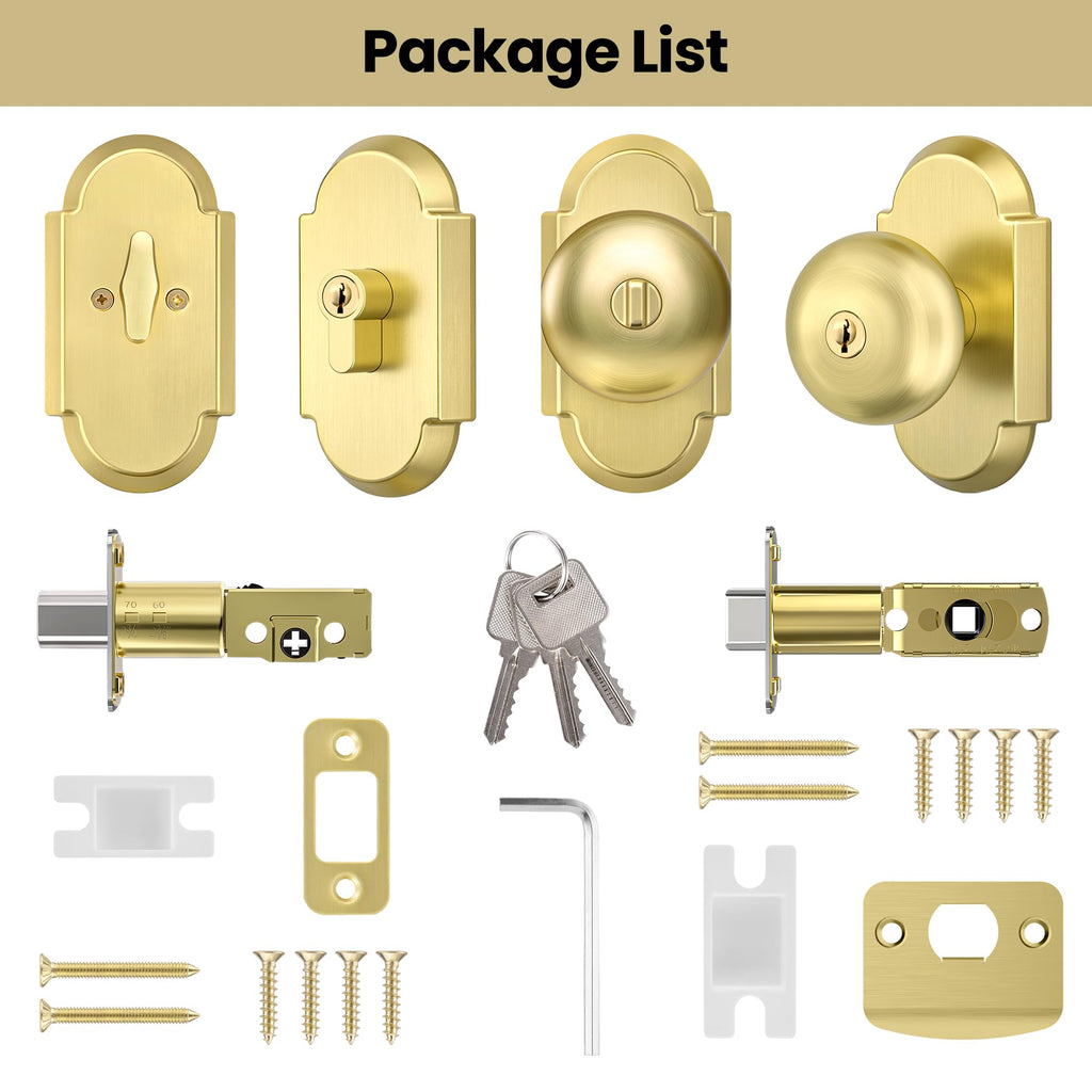 Satin Gold Door Knob with Deadbolt, Keyed Alike Exterior Door Lock Set