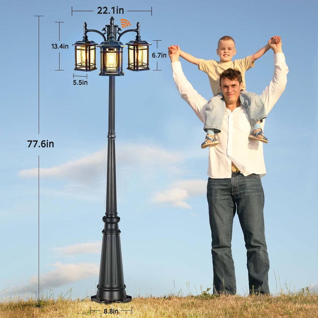 Dusk to Dawn Outdoor Lamp Post Lights, Black Light Pole with Clear Glass Panels (3 LED Bulbs Included)