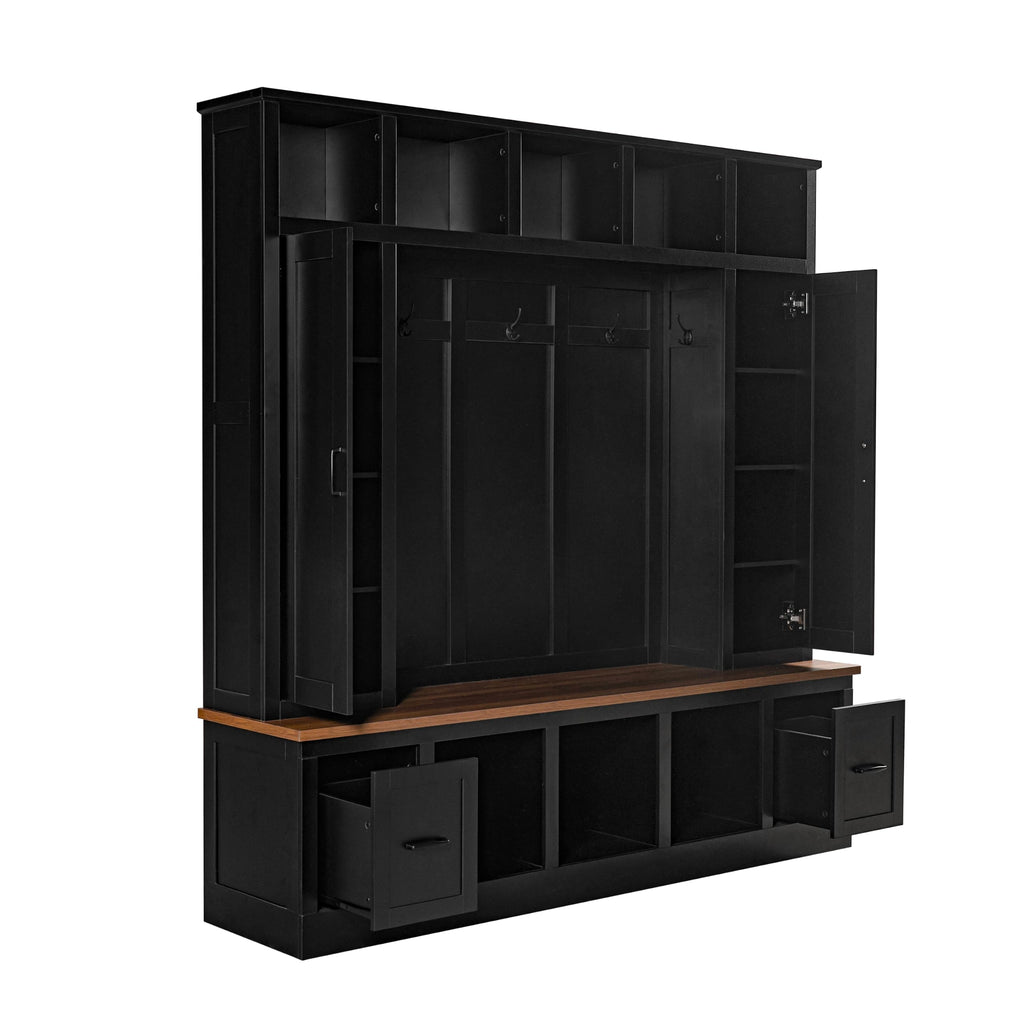 Large Hall Tree with Bench and Shoe Storage, 72" Farmhouse Entryway Bench with 2 Drawers, 5 Hooks & Top Cubbies