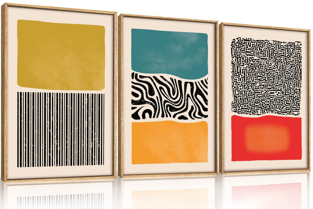 Large Mid Century Modern Wall Art Framed 16x24, Boho Abstract 3 Piece Canvas Decor, Mcm Vintage Bohemian Color Block