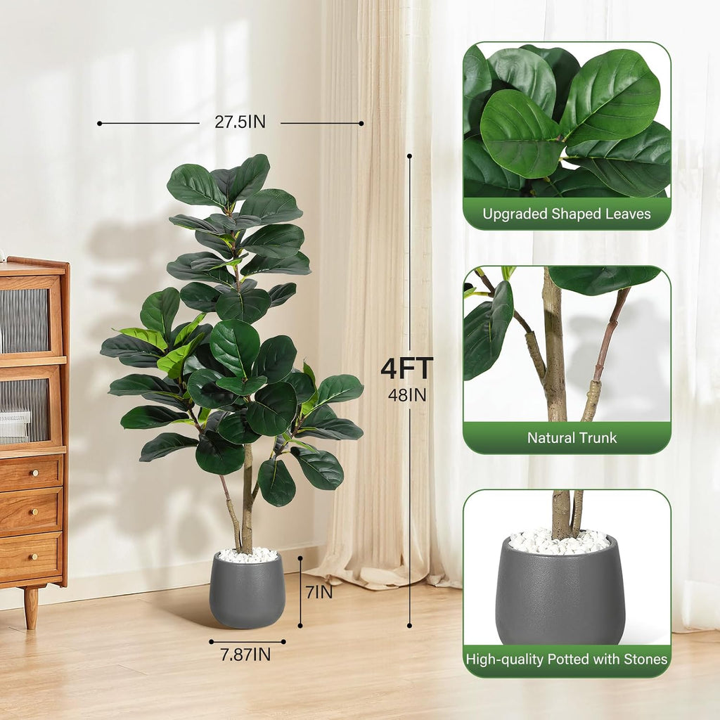 Lifelike Artificial Fiddle Leaf Fig Tree - Realistic Faux Ficus Lyrata with 77 Leaves - Indoor Decorative Plant