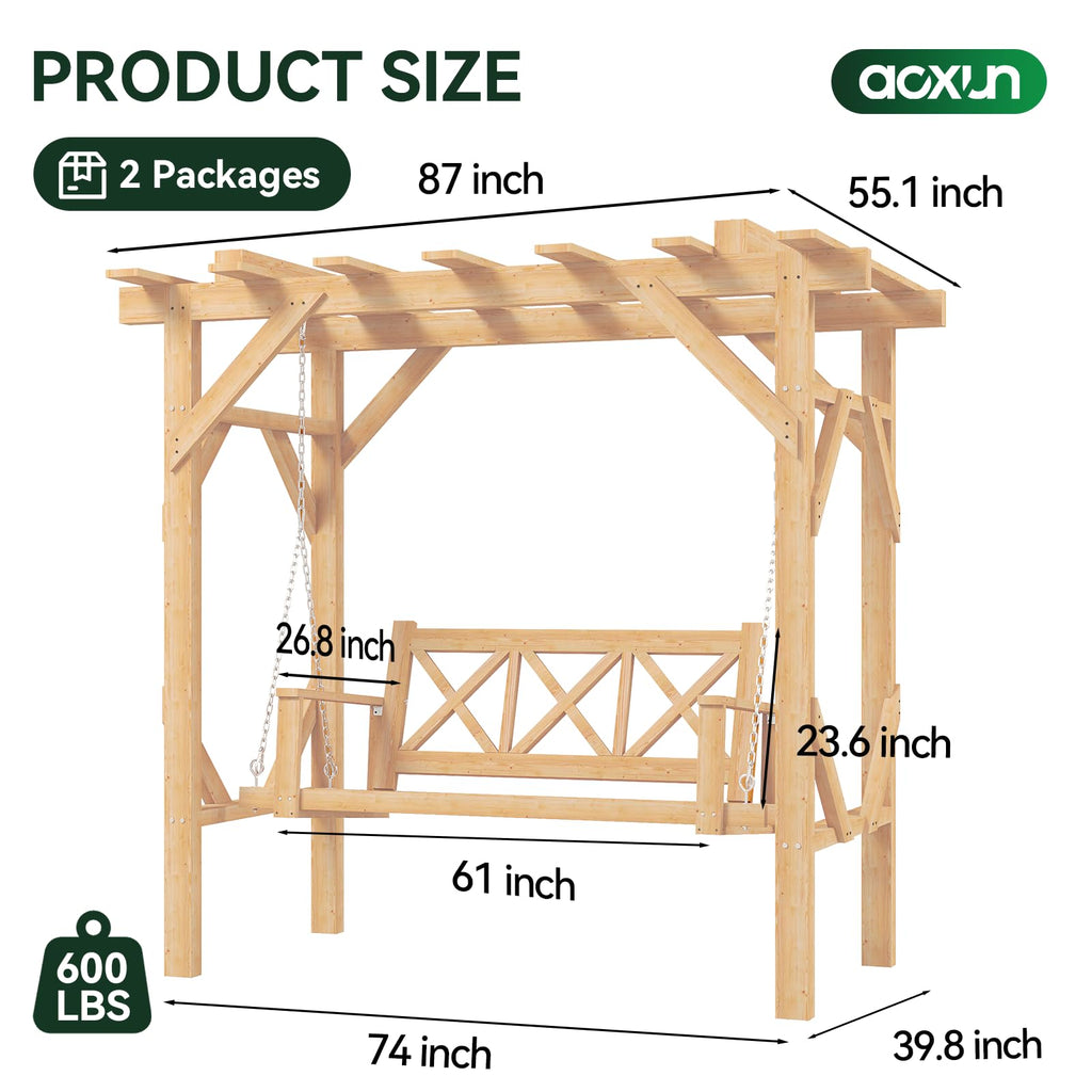 Porch Swing Cedar Wood Pergola with 3-Seat Hanging Bench, Natural