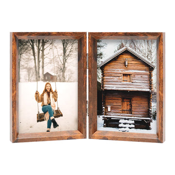 4x6 Double Picture Frame Rustic Brown Wooden Hinged Beveled Photo Frame Definition Glass 2 Vertical Openings Stand on
