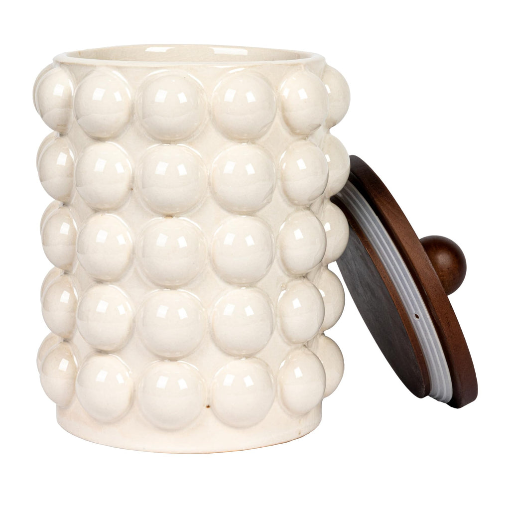 5.75 Inches Round Stoneware Canister with Raised Dots and Acacia Wood Lid, White and Natural