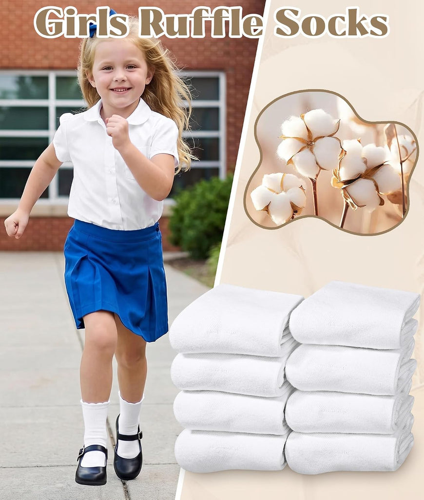 8 Pairs White Ruffle Socks for Girls, Cotton Frilly Kids Socks