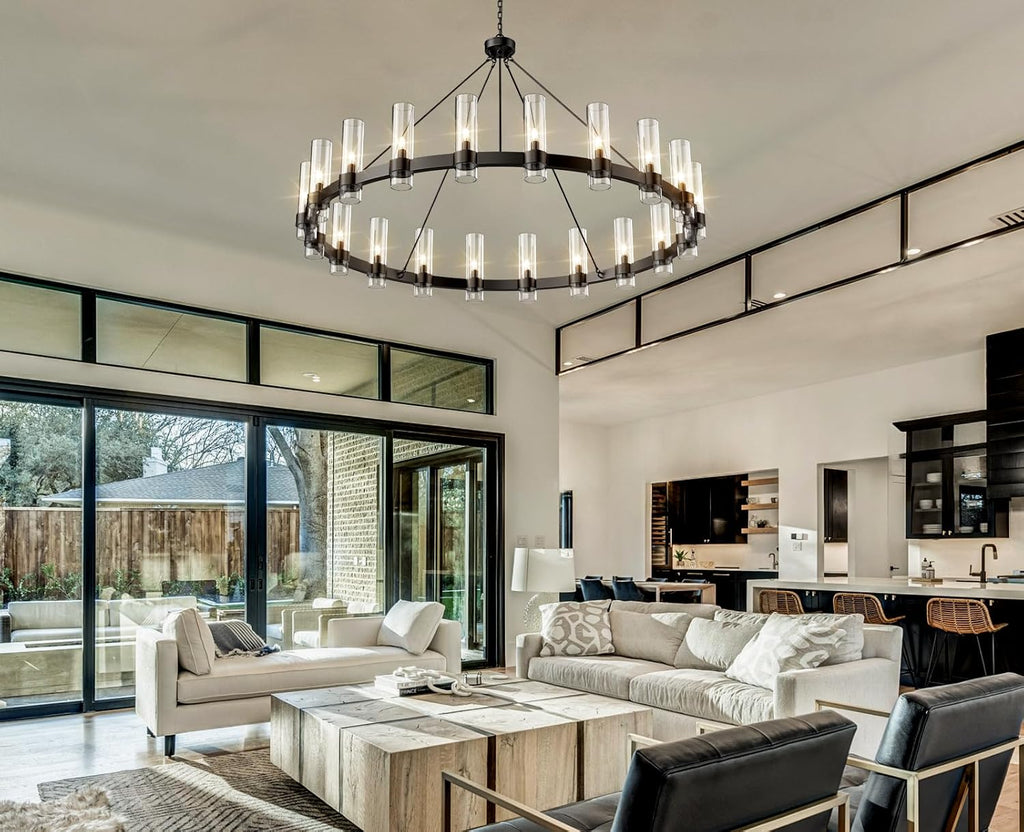 Inspired Ravelle Style 60 Inch Black Wagon Wheel Chandelier with Glass Shade, 20 Lights, Modern Farmhouse Style, Ideal for Dining Room, Kitchen, Entryways
