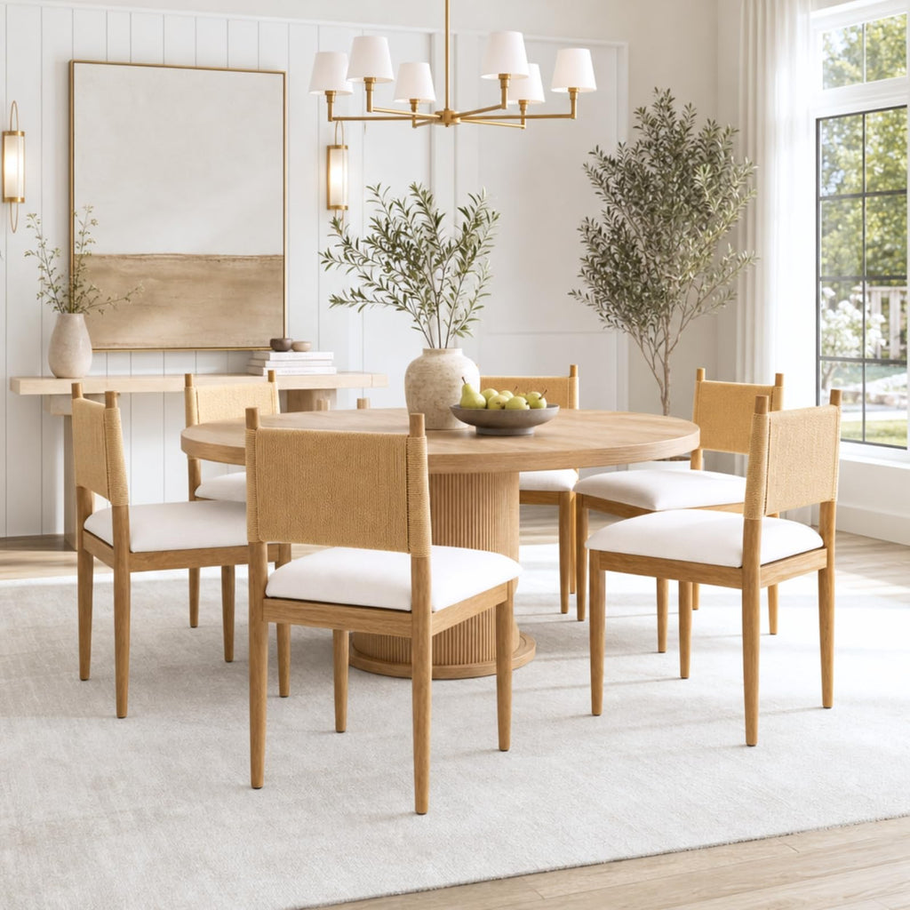 Modern Coastal Woven Dining Chairs Set of 6, Natural Oak Wood