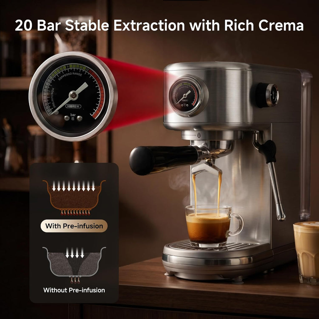 H10B Programmable Espresso Machine with LED Display & Pressure Gauge | 20 Bar Compact Stainless Steel Coffee Maker