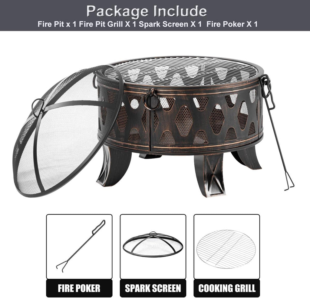 26 Inch Wood Burning Fire Pit with Cooking Grill and Spark Screen, Outdoor Metal Round Firepit